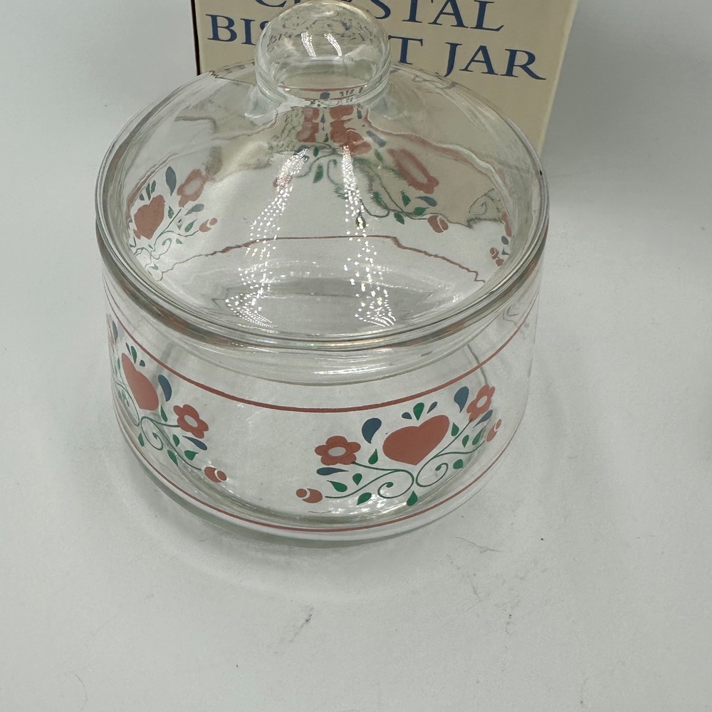 VTG Barrington Crystal Biscuit Jar Pink Heart Floral Country Cottage Core‎ NEW